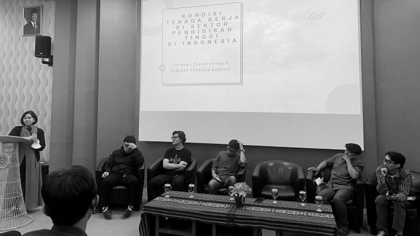Diskusi bertajuk Kerja Keras, Hak Ditindas, Buruh dalam Bayang Ketidakadilan yang diselenggarakan Himpunan Mahasiswa Program Studi Administrasi Publik (HMPSAP) Unpar, Bandung, Rabu, 7 Mei 2025. (Foto: Yopi Muharam/BandungBergerak)
