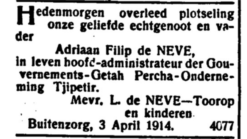 Potongan berita kabar kematian A.F de Neve. (Sumber: Bataviaasch Nieuwsblad tanggal 3 April 1914)