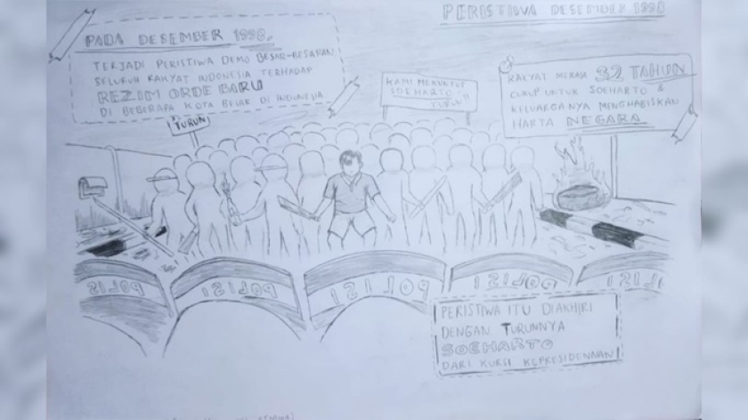 Gambaran Huru-hara 1998 karya Firza Kelas 11 A PPI 24 Rancaekek. (Foto: Hafidz Azhar)