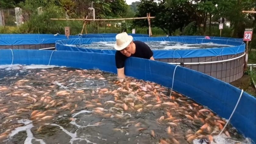 Dian Kustiadi dan kolam budidaya ikan nila berbasis teknologi bioflok. (Foto: Dokumentasi Kin Sanubary)