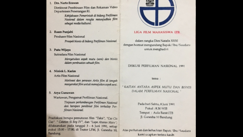 Brosur undangan Diskusi Perfilman Nasional 1991 oleh Liga Film Mahasiswa ITB. (Foto: Dokumentasi Anton Solihin)