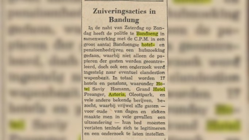 Berita koran Het Nieuwsblad van Sumatra, 4 Juni 1954, menunjukkan bahwa Hotel Astoria itu memang ada. Potongan berita ini ditemukan Anggara saat membantu proses riset kembali hotel Astoria. (Foto: Dokumentasi Malia Nur Alifa)