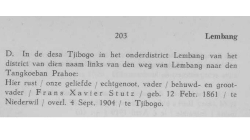 Informasi tentang makam Tuan Stutz di buku GENEALOGIESCHE EN HERALDISCHE GEDENKWAARDIGHEDEN  betreffende EUROPEANEN OP JAVA tahun 1934. (Foto: Dokumentasi Malia Nur Alifa)