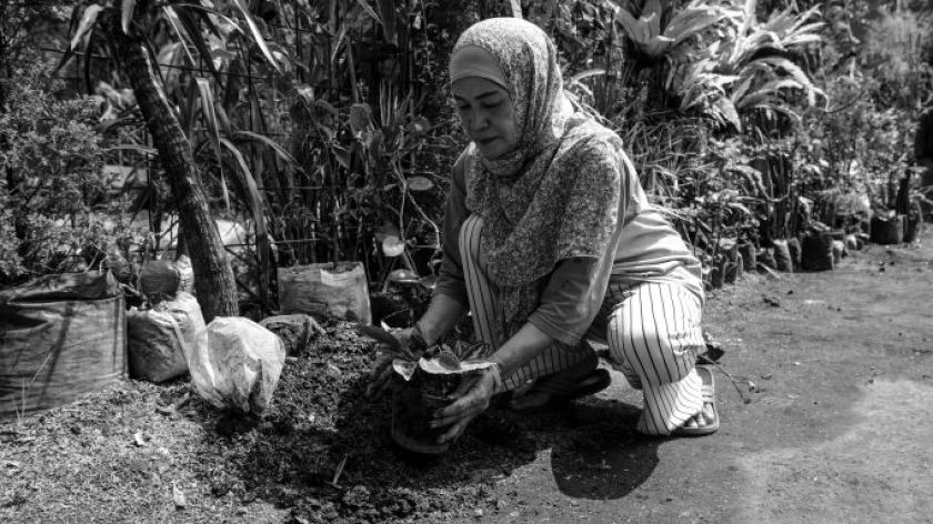 Yanti sedang merawat tanaman di Jalan Pacuan Kuda, Sukamiskin, Arcamanik, Bandung, Jumat, 17 Juli 2026. (Foto: Alya Chaerani/BandungBergerak)