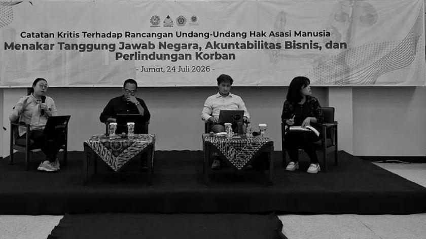 Forum uji publik RUU HAM yang digelar LBH Pengayoman UNPAR, Serikat Pengajar Hak Asasi Manusia Indonesia (SEPAHAM), dan Yayasan Penguatan Partisipasi, Inisiatif dan Kemitraan Masyarakat (YAPPIKA) di Unpar, Bandung, 24 Juli 2026. (Foto: Nabil Aflah Aulia/BandungBergerak)