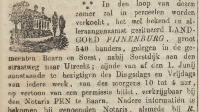 Musim panas tahun 1859, sebagian lahan Pijnenburg milik Andries de Wilde akan dijual dalam bentuk persil-persil. (Sumber: Utrechtsche Provinciale en Stads-courant, 12 April 1859)