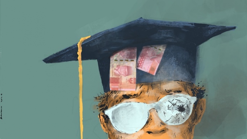 Ilustrasi. Mahasiswa dari keluarga kelas menengah ke bawah kesulitan melanjutkan kuliah dengan biaya semakin mahal.  (Ilustrator: Bawana Helga Firmansyah/BandungBergerak.id)