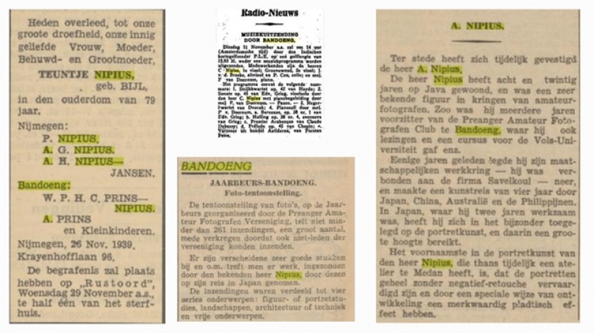 Berita beberapa surat kabar berbahasa Belanda tentang keluarga Nipius. (Foto: Sumber Delpher, Dokumentasi Malia Nur Alifa) 