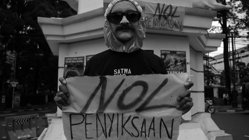 Aktor dan aktivis Wanggi Hoed melakukan aksi seruan perlindungan untuk monyet ekor panjang dan beruk, Bandung, 30 Januari 2025. (Foto: Prima Mulia/BandungBergerak) 