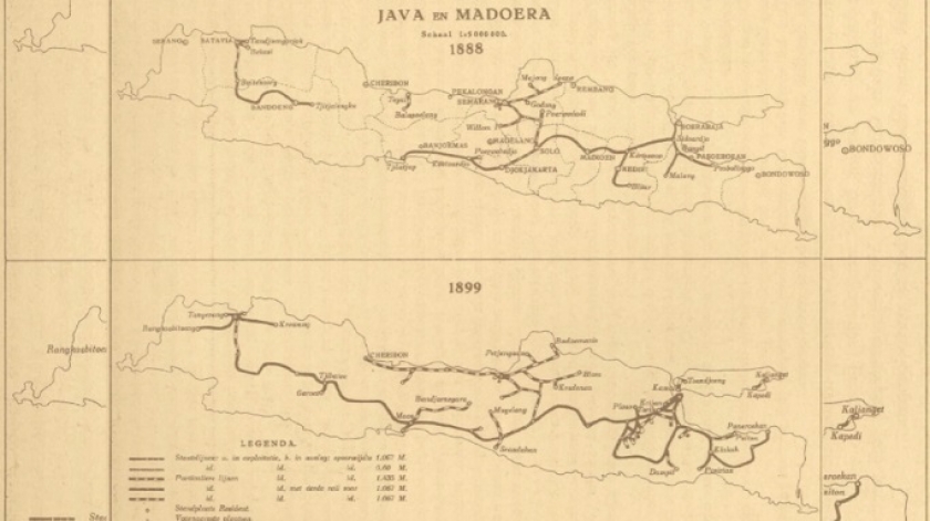 Peta lajur kereta di Pulau Jawa tahun 1888 dan 1899. Pada 1888, lajur baratnya baru ada hingga Cicalengka, sementara pada 1899 sudah tersambung hingga ke Jawa Timur. (Sumber: S. A. Reitsma dan F. H. de Hoog (1925: 48))