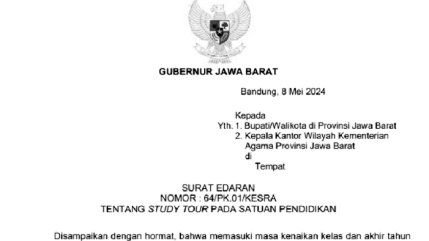Tangkapan layar Surat Edaran Nomor: 64/PK.01/KESRA tentang study tour di Jawa Barat. (Sumber: Dok Cececp Burdansyah/Penulis)