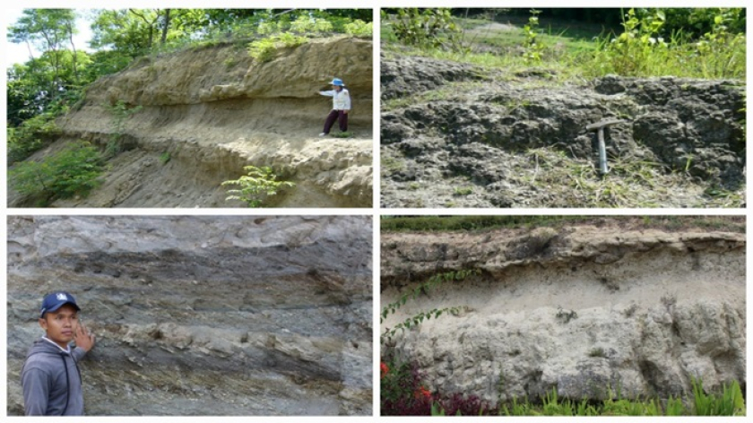 Kiri Atas: Lapisan grenzbank yang terletak di bagian bawah Formasi Bapang (Kabuh). Kanan Atas: Lapisan lower lahar yang terletak di bagian bawah Formasi Sangiran (Pucangan). Kiri Bawah: Lapisan silang-siur sedimen sungai (fluvial) Formasi Bapang (Kabuh), dengan mempelajari lapisan tsb kita bisa mengetahui arah aliran sungai purba. Kanan Bawah: Lapisan Middle Tuff Formasi Bapang (Kabuh) yang menandakan pernah terjadinya aktivitas vulkanik di Sangiran pada masa yang lalu. (Foto: Dokumentasi Johan 