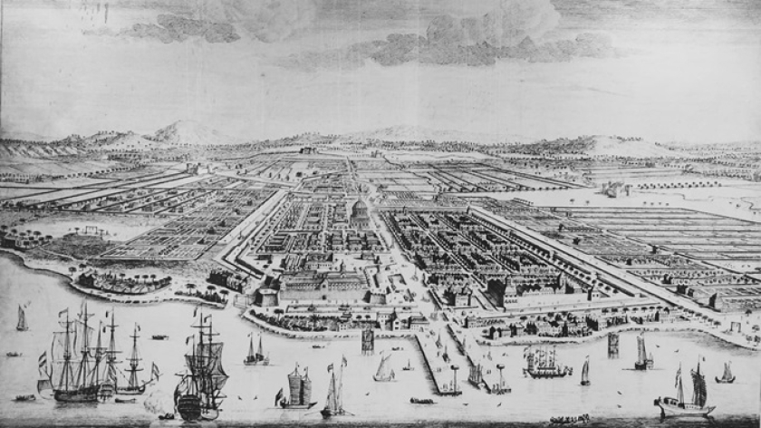 Lanskap Kota Batavia dipublikasikan Whittle dan Laurie tahun 1818. Koleksi Museum Bahari Jakarta. (Foto: Ahmad Fikri/BandungBergerak) 