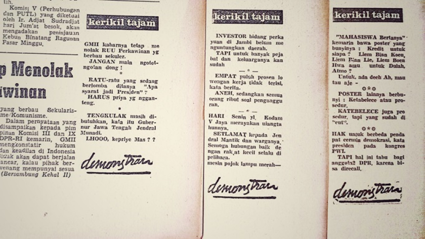 Pojok Redaksi  Kerikil Tajam di Harian KAMI yang banyak mengkritisi pemerintahan Orde Lama dan Orde Baru. (Foto: Dokumentasi Kin Sanubary) 