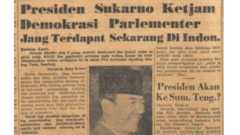 Laporan tentang pernyataan Presiden Sukarno dalam surat kabar Indonesia Raya edisi 5 Juli 1957. (Foto: Yogi Esa Sukma Nugraha)