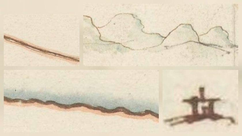 Gambar legenda untuk simbol Sungai (kiri atas), Gunung (kanan atas), Pantai (kiri bawah), serta Pemukiman (kanan bawah). (Foto: Dokumentasi Karguna Purnama Harya) 