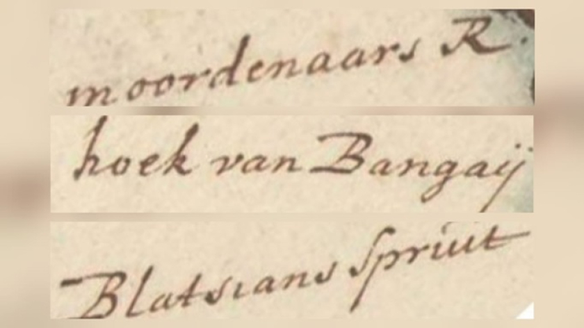 Contoh penulisan di peta untuk: moordenaars R.[ivier], Hoek van Bangay, dan Blatvians Spruyt. (Foto: Dokumentasi Karguna Purnama Harya) 