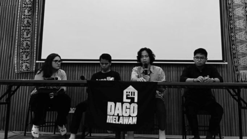 Forum Dago Melawan berkonferensi pers di Konsorsium Pembaruan Agraria (KPA), Jakarta Selatan, Rabu, 14 Januari 2026. (Foto: Muhammad Akmal Firmansyah/BandungBergerak)