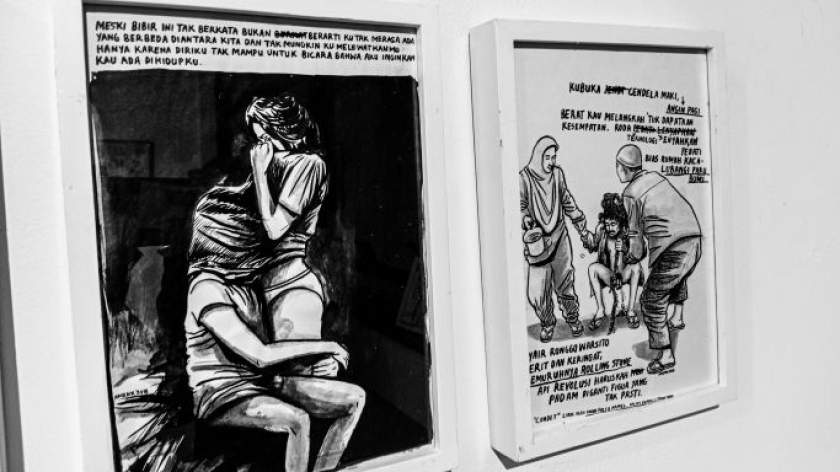 Pameran Karya Amenkcoy dan Array dalam helatan Bandung Zine Fest 2026. (Foto: Muhammad Akmal Firmansyah/BandungBergerak) 