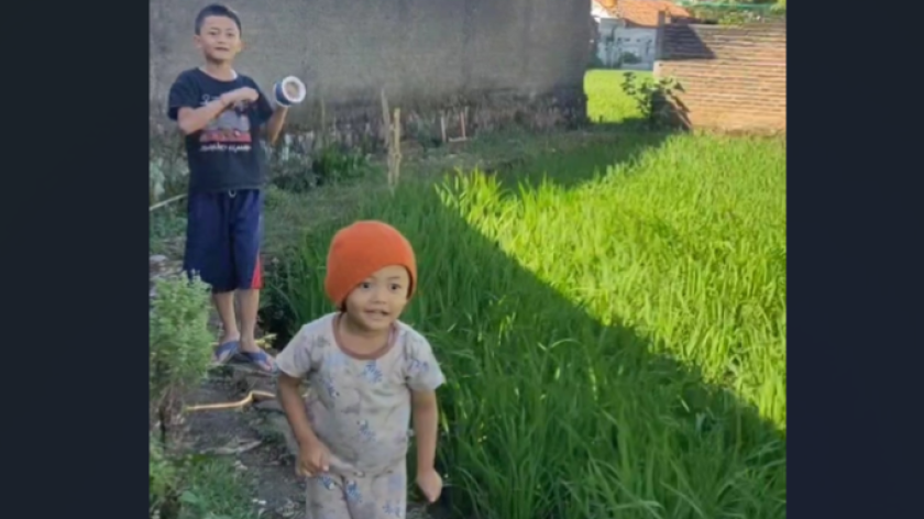 Aa Akil dan Kakang asyik bermain layang-layang di sawah, Babakan Dangdeur Pasirbiru, Senin, 9 Juli 2025. (Foto: Ibn Ghifarie/BandungBergerak)