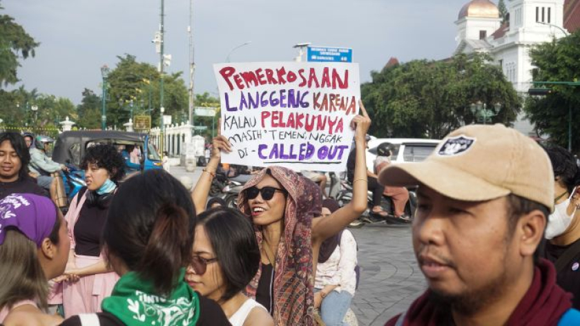 Aksi peringatan International Womens Day di Titik Nol Kilometer Yogyakarta, 8 Maret 2026. (Foto: Virliya Putricantika/BandungBergerak) 