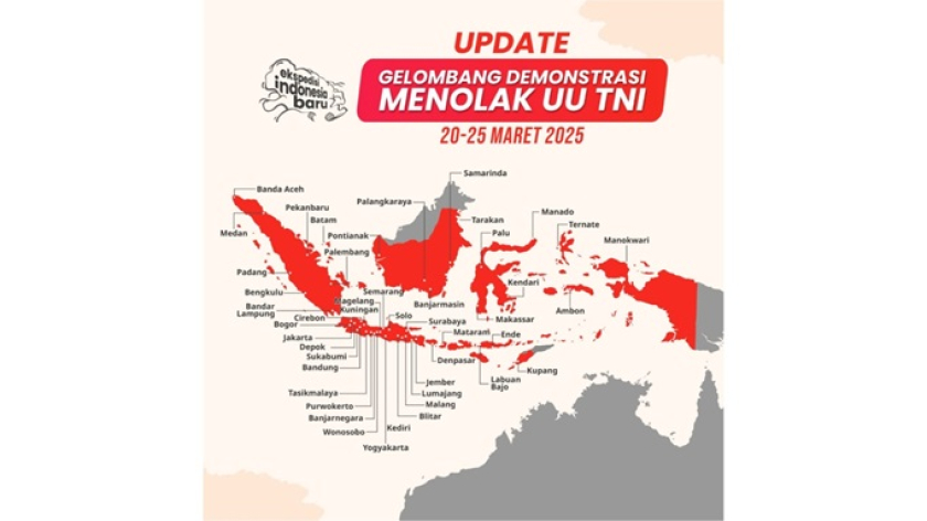 Persebaran titik aksi di seluruh Indonesia, ketika penolakan revisi UU TNI. (Foto Sumber: @idbaruid)