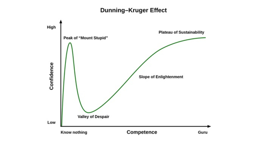 Ilustrasi: Grafik Dunning-Kruger Effect (Sumber: https://laurence-paquette.medium.com/the-dunning-kruger-effect-or-the-cycle-of-taking-on-a-new-role-db85e77003d2)  