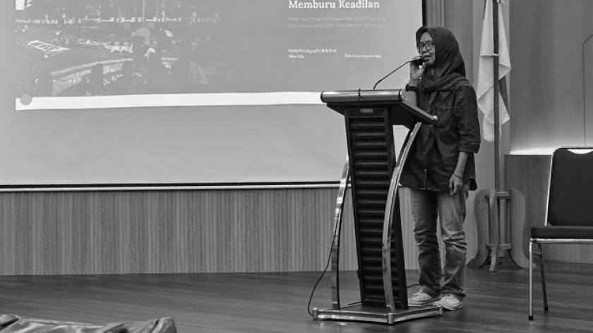 Pito Agustin Pemimpin Redaksi Gejayan.id saat peluncuran media alternatif di Auditorium Universitas Islam Indonesia (UII), Selasa, 5 Mei 2026. (Foto: Virliya Putricantika/BandungBergerak)
