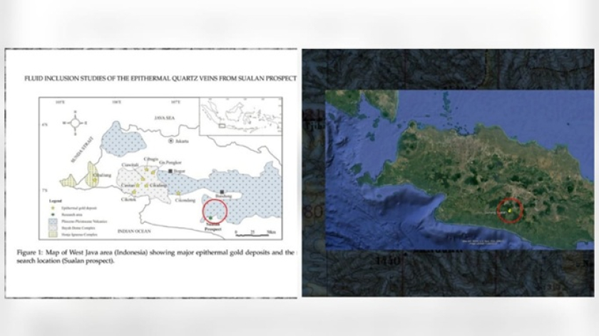 Peta di Studies of the Epithermal Quartz Veins from Sualan Prospect dan peta google earth dengan kordinat Gunung Sualan. (Foto: Dokumentasi Rinaikelana)