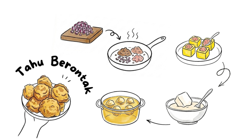 Langkah-langkah memasak Tahu Berontak. (Ilustrasi: Deuis Raniarti)