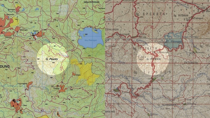 Peta RBI (Rupa Bumi Indonesia) lembar Rancabali tercantum sebagai Gunung Paw&eacute;y (kiri). Pada peta AMS (Army Map Service) cetakan Washington DC edisi pertama tahun 1943, gunung yang sama justru tercatat dengan nama Gunung Powek (kanan).  (Foto: Dokumentasi Rinaikelana)