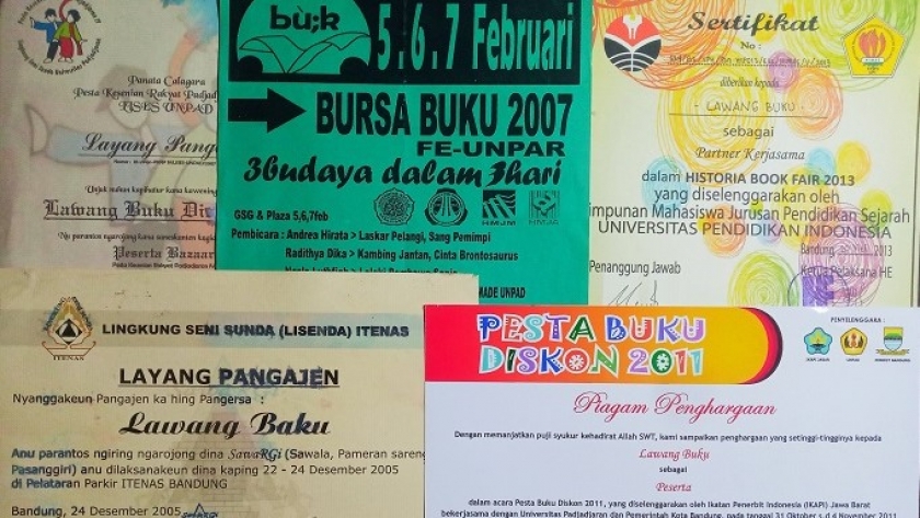 Dokumen-dokumen yang menjadi sumber informasi tentang pameran-pameran buku di kampus-kampus Bandung Raya. (Sumber foto: Pabukon Hanca) 