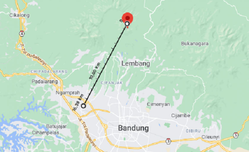 Jarak antara Gunung Tangkuban Parahu dan Kota Cimahi, tempat van Dahlen mengambil foto yang menampakkan bubungan kolom asap pada saat erupsi. 