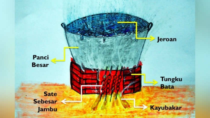 Sambil menggodok jeroan, memanggang sate. (Gambar: T Bachtiar)