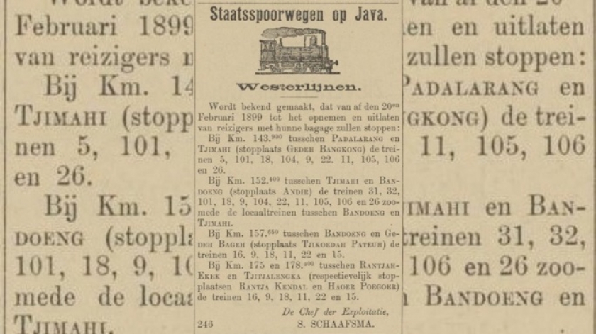 Berita pembukaan Stopplaats Haurpugur pada 20 Februari 1899, berbarengan dengan Stopplaats Gadobangkong, Andir, Cikudapateuh, dan Rancakendal. (Sumber foto: AID De Preanger-bode, 13 Februari 1899)