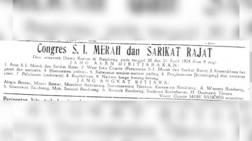 Moh. Sanoesi mengumumkan kongres SI Merah-SR di Bandung antara 20-21 April 1924. (Sumber: Matahari, 15 April 1924)