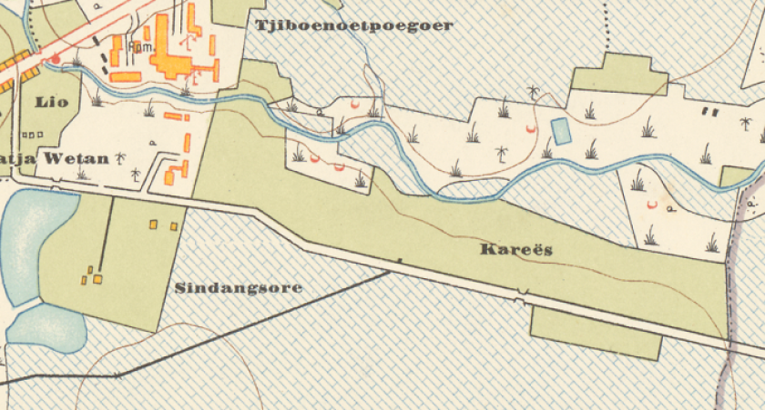 Dalam peta Bandoeng en Omstreken (1910), daerah Karees dan Sindangsore masih berupa lahan-lahan kosong yang dikelilingi persawahan. (Sumber: Bandoeng en Omstreken) 