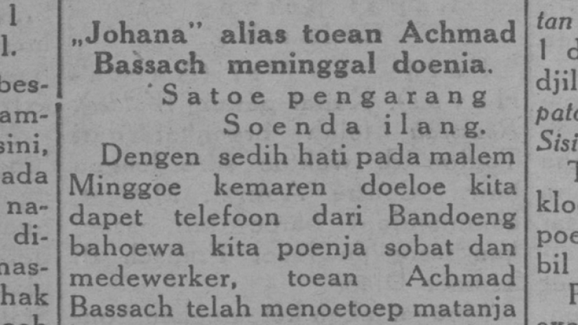 Obituari Achmad Bassach dalam Keng Po edisi 13 Mei 1929. Dari tulisan itu diketahu, pasangan Achmad Bassach dan Siti Atikah dipecat kalangan merah karena Atikah enggan dipenjara dengan alasan harus mengurus anak pungutnya yang masih kecil, Johana. (Sumber foto: Atep Kurnia)