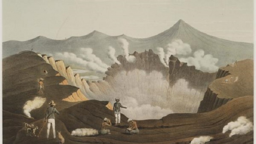 Sketsa kawah Gunung Guntur oleh FW Junghuhn. (Sumber digitalcollections.universiteitleiden.nl) 