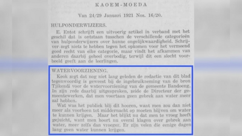 Pemberitaan media massa zaman Belanda tentang mata air Cikendi. (Dokumen sumber melalui Sekertaris Kampoeng Tjibarani, Aqli Syahbana)
