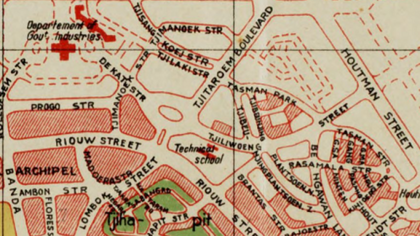 Pada peta 1924, sebagian besar nama sungai sudah digunakan untuk jalan-jalan dalam kompleks Plan Xa. (Sumber: Plan of Bandoeng (1924))