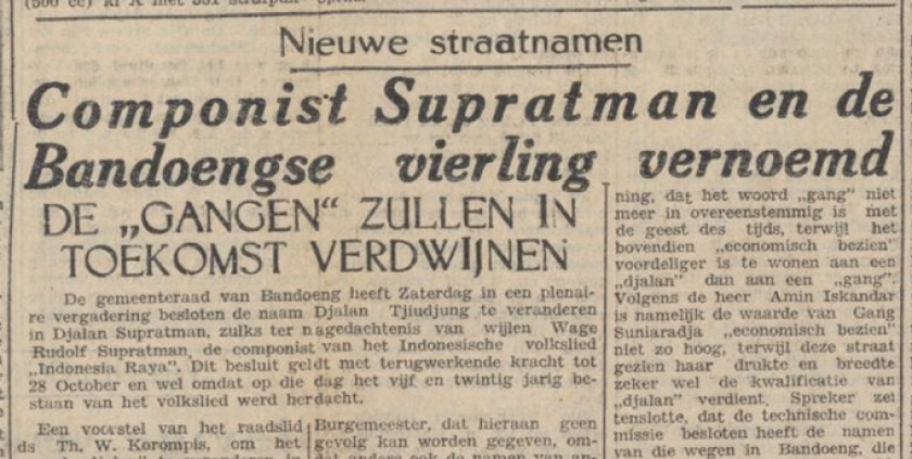 Berdasarkan hasil sidang dewan Kota Bandung pada 31 Oktober 1953, nama Jalan Ciujung dan Taman Ciujung diubah menjadi Jalan Supratman dan Taman Supratman. (Sumber: De Preanger-bode, 2 November 1953) 