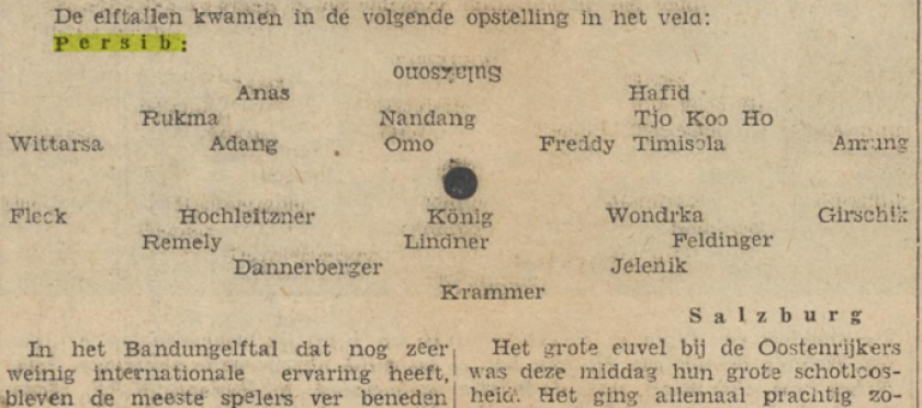 Line up Persib vs SV Austria Salzburg. (Sumber: De nieuwsgier terbitan 30 Juni 1955 diakses dari delpher.nl)