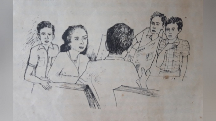 Gambar ilustrasi karya Fatimah menampilkan kegembiraan keluarga Arman ketika membaca bersama tulisan si wartawan cilik yang termuat di koran Pikiran Rakyat. (Sumber: buku Wartawan Cilik, 1976)