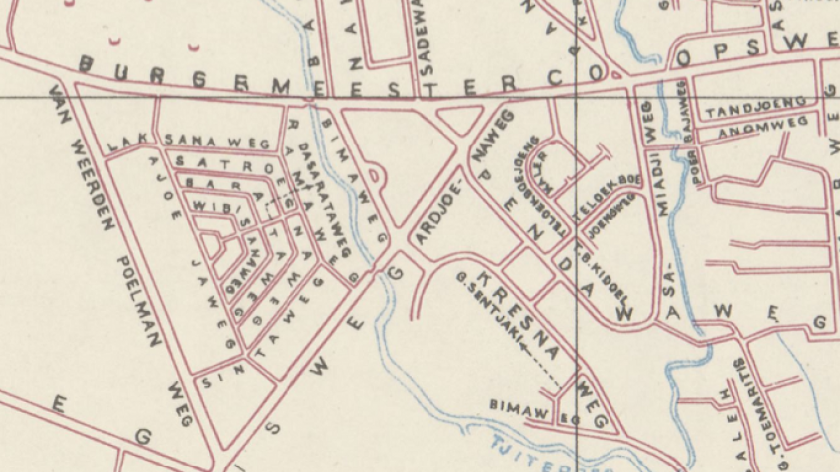 Tahun 1945, Gang Toemaritis masih tercantum ada di antara Gang Saleh dan Pasirkaliweg. (Sumber: Bandoeng, Town Plan (1945))