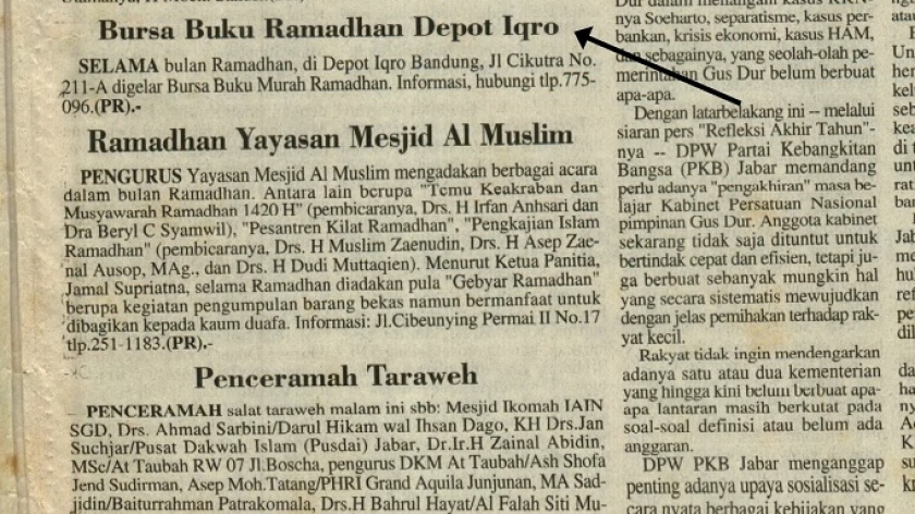 Kliping agenda bursa buku saat bulan Ramadan di Bandung, Pikiran Rakyat (3/1/2000). (Sumber: Deni Rachman dari Balai Arsip)