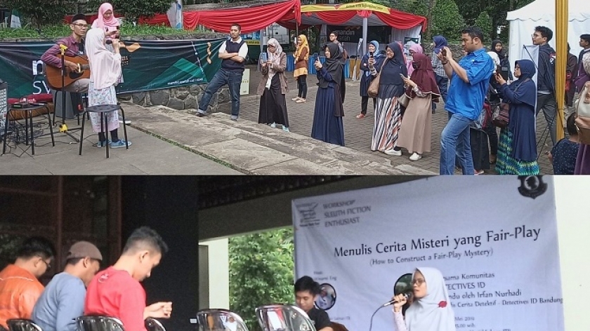 Beberapa acara menjadi daya tarik sendiri bagi pengunjung pameran buku. Tampak musisi Panji Sakti dan Hawa mendendangkan lagu di area teras halaman Salman ITB, sedangkan diskusi buku berlangsung di dalam masjid area akhwat. (Sumber: Deni Rachman)