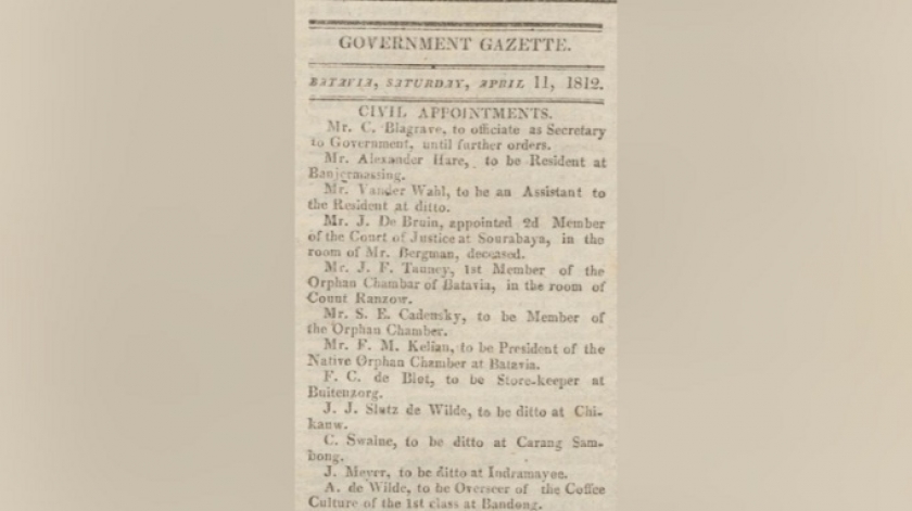 Pengumuman diangkatnya Andries de Wilde menjadi pengawas kopi di Bandung. (Sumber: Java Government Gazette, 11 April 1812)