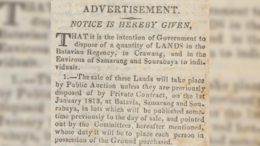 Pemerintah Inggris mengumumkan penjualan tanah di Jawa kepada pihak swasta pada 7 November 1812. (Sumber foto: Java Government Gazette, 7 November 1812)