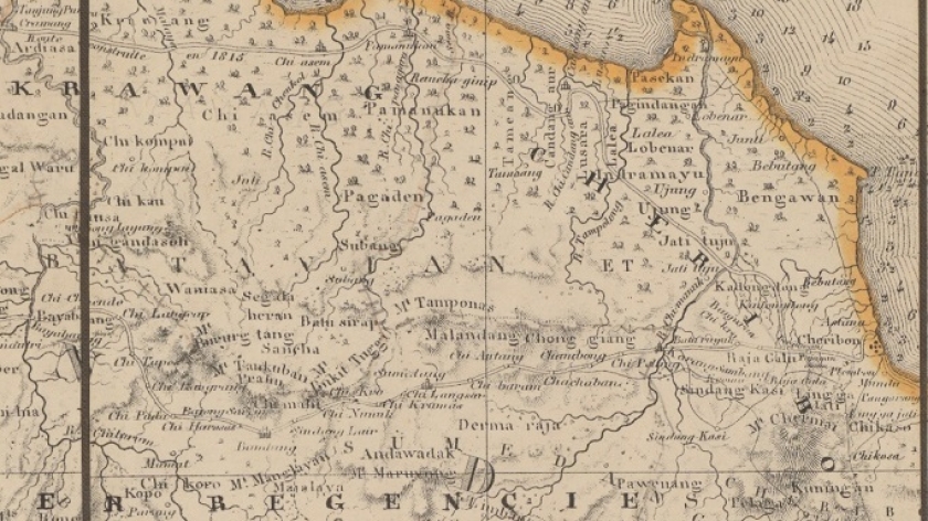 Karawang, Cirebon, dan sebagian Priangan pada zaman Thomas Stamford Raffles. Ketiganya menjadi wilayah kerja Andries de Wilde antara 1815-1819. ((Sumber: A map of Java, chiefly from surveys made during the British administration constructed in illustration of an account of Java by Thomas Stamford Raffles Esq (1817, COLLBN Port 56 N 70))